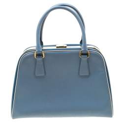 Pre Owned Prada Two Tone Blue Saffiano Leather Frame Top Handle Bag