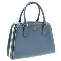 Pre Owned Prada Two Tone Blue Saffiano Leather Frame Top Handle Bag
