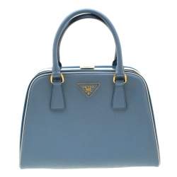 Pre Owned Prada Two Tone Blue Saffiano Leather Frame Top Handle Bag