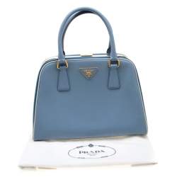 Pre Owned Prada Two Tone Blue Saffiano Leather Frame Top Handle Bag