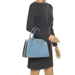 Pre Owned Prada Two Tone Blue Saffiano Leather Frame Top Handle Bag