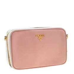 Pre Owned Prada Pink White/Saffiano Lux Leather Camera Chain Crossbody Bag