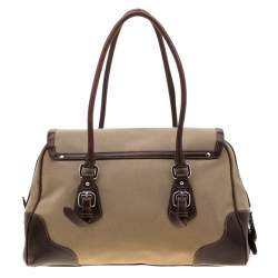Pre Owned Prada Beige/Brown Canvas and Leather Push Lock Satchel