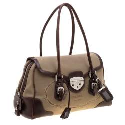Pre Owned Prada Beige/Brown Canvas and Leather Push Lock Satchel