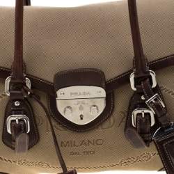 Pre Owned Prada Beige/Brown Canvas and Leather Push Lock Satchel