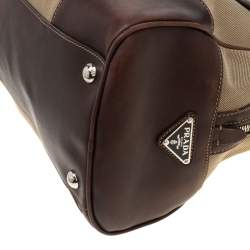 Pre Owned Prada Beige/Brown Canvas and Leather Push Lock Satchel