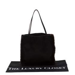 Pre Owned Prada Black Satin and Fur Trim Tote