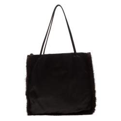 Pre Owned Prada Black Satin and Fur Trim Tote