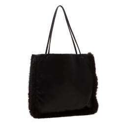 Pre Owned Prada Black Satin and Fur Trim Tote