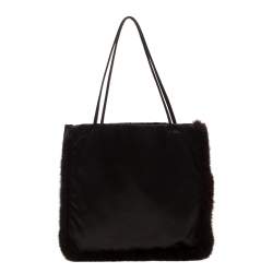 Prada Black Satin and Fur Trim Tote
