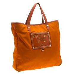 Prada Orange Nylon and Leather Lasercut Logo Tote 