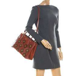 Pre Owned Prada Dark Orange Floral Applique Leather Medium Double Zip Tote