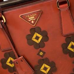 Pre Owned Prada Dark Orange Floral Applique Leather Medium Double Zip Tote