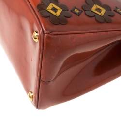 Pre Owned Prada Dark Orange Floral Applique Leather Medium Double Zip Tote