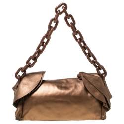 Pre Owned Prada Brown Metallic Leather Ruffle Shoulder Bag