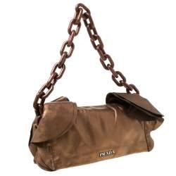 Pre Owned Prada Brown Metallic Leather Ruffle Shoulder Bag