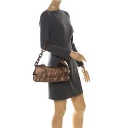 Pre Owned Prada Brown Metallic Leather Ruffle Shoulder Bag