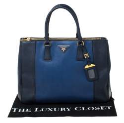 Pre Owned Prada Blue Two-Tone Saffiano Lux Leather Large Double Zip Tote