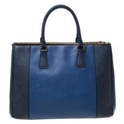 Pre Owned Prada Blue Two-Tone Saffiano Lux Leather Large Double Zip Tote