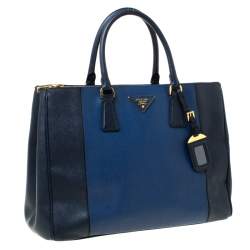 Pre Owned Prada Blue Two-Tone Saffiano Lux Leather Large Double Zip Tote