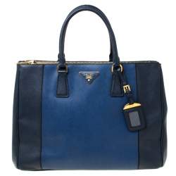 Pre Owned Prada Blue Two-Tone Saffiano Lux Leather Large Double Zip Tote