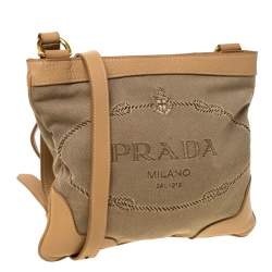 Pre Owned Prada Beige/Brown Logo Jacquard Fabric and Canvas Crossbody Bag