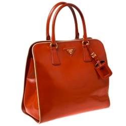 Pre Owned Prada Orange Saffiano Metal Leather Satchel