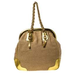 Pre Owned Prada Beige/Gold Woven Raffia and Leather Frame Satchel