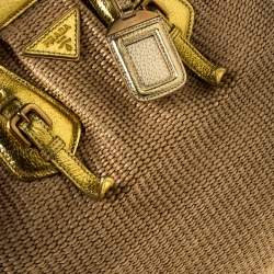 Prada Beige/Gold Woven Raffia and Leather Frame Satchel