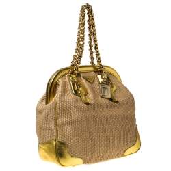 Pre Owned Prada Beige/Gold Woven Raffia and Leather Frame Satchel