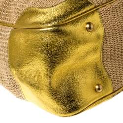 Pre Owned Prada Beige/Gold Woven Raffia and Leather Frame Satchel