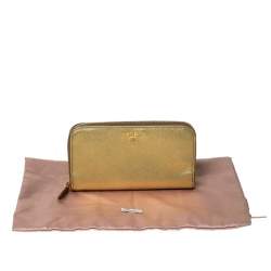 Pre Owned Prada Gold Saffiano Metal Leather Zip Around Wallet