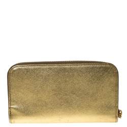 Pre Owned Prada Gold Saffiano Metal Leather Zip Around Wallet