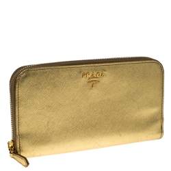 Pre Owned Prada Gold Saffiano Metal Leather Zip Around Wallet