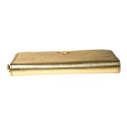 Pre Owned Prada Gold Saffiano Metal Leather Zip Around Wallet