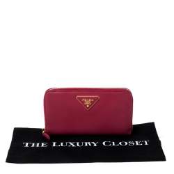 Pre Owned Prada Dark Pink Saffiano Lux Leather Zip Around Wallet