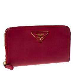 Pre Owned Prada Dark Pink Saffiano Lux Leather Zip Around Wallet