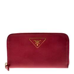 Pre Owned Prada Dark Pink Saffiano Lux Leather Zip Around Wallet