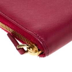 Pre Owned Prada Dark Pink Saffiano Lux Leather Zip Around Wallet