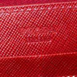 Pre Owned Prada Red Saffiano Leather Bow Zip Around Wallet