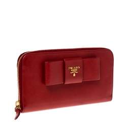 Pre Owned Prada Red Saffiano Leather Bow Zip Around Wallet