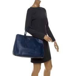 Pre Owned Prada Blue Saffiano Lux Leather Double Zip Executive Tote