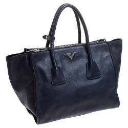 Pre Owned Prada Navy Blue Glace Calf Leather Twin Pocket Double Handle Tote 