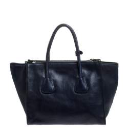 Pre Owned Prada Navy Blue Glace Calf Leather Twin Pocket Double Handle Tote 