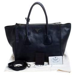 Pre Owned Prada Navy Blue Glace Calf Leather Twin Pocket Double Handle Tote 