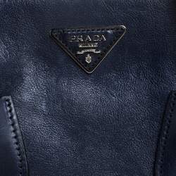 Pre Owned Prada Navy Blue Glace Calf Leather Twin Pocket Double Handle Tote 