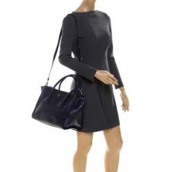 Pre Owned Prada Navy Blue Glace Calf Leather Twin Pocket Double Handle Tote 