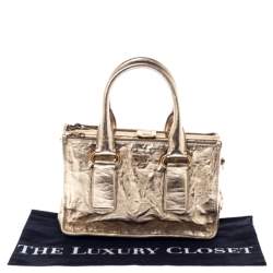 Pre Owned Prada Gold Patent Leather Double Zip Frame Tote
