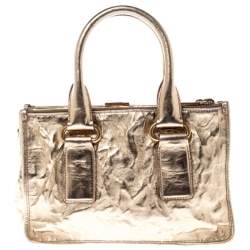 Pre Owned Prada Gold Patent Leather Double Zip Frame Tote