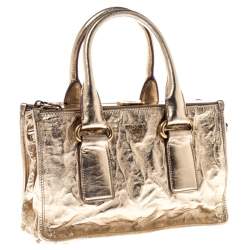 Pre Owned Prada Gold Patent Leather Double Zip Frame Tote